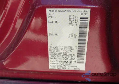 2015 Nissan Altima 2.5 S z USA, uszkodzony, nr VIN 1N4AL3AP7FN921819